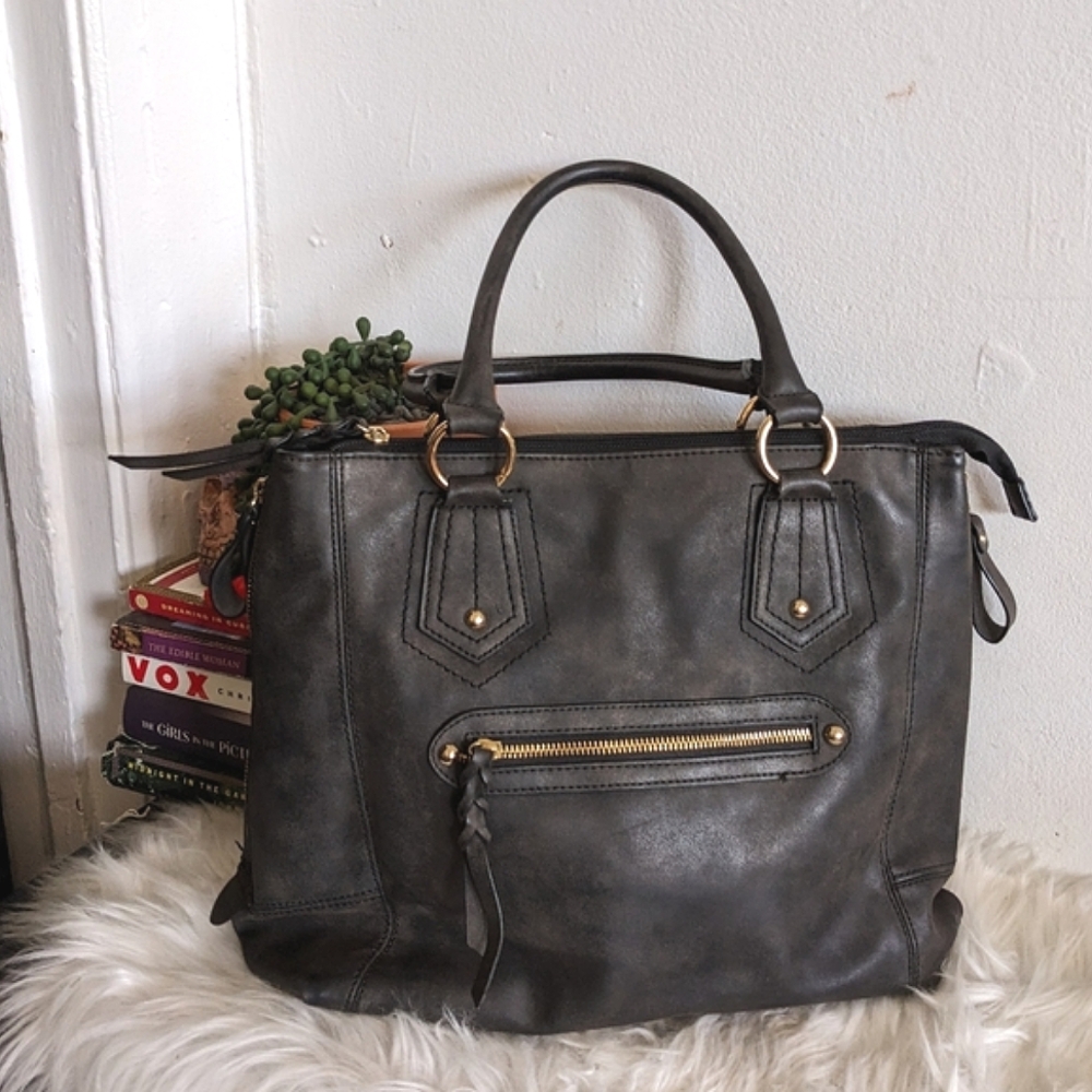 Distressed Dark Brown Leather Shoulder Tote Bag